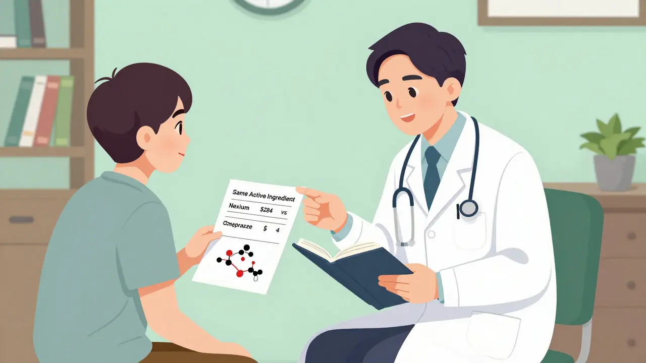 Doctor and patient reviewing drug cost comparison with molecular diagram during clinic visit.