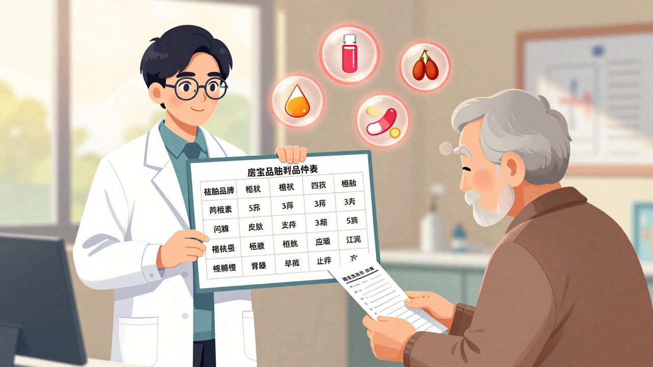 Doctor and pharmacist explaining generic drug equivalence to senior using visual chart.