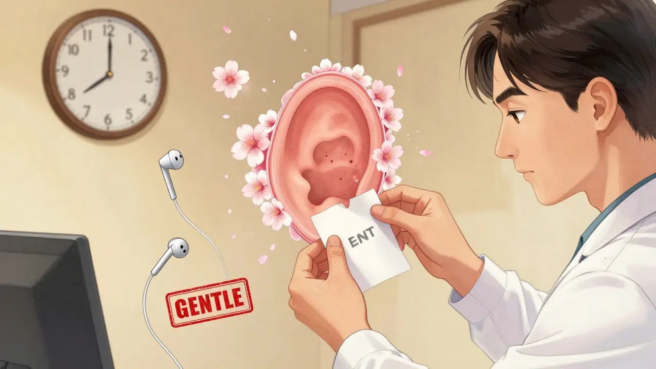 Doctor applying patch to healing eardrum with growing tissue like blossoms in Chinese manhua style.
