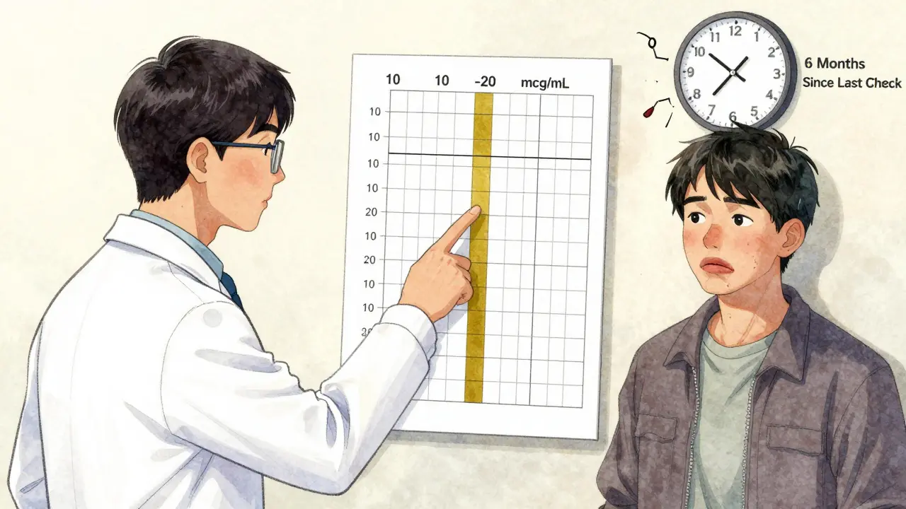 Doctor explaining phenytoin therapeutic range while patient shows long-term side effects like swollen gums and hirsutism.