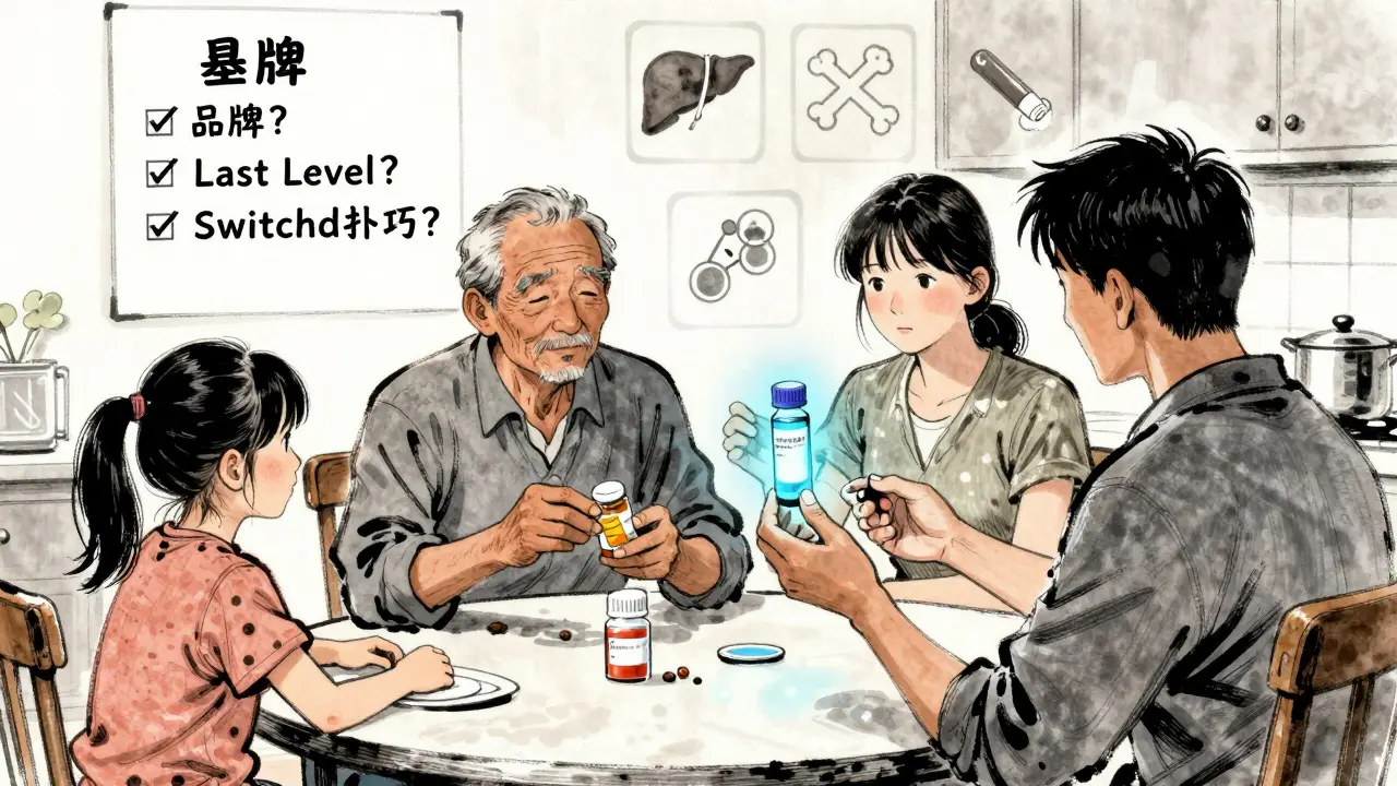 Family reviewing phenytoin safety checklist with glowing free drug test vial, in detailed Chinese manhua illustration.