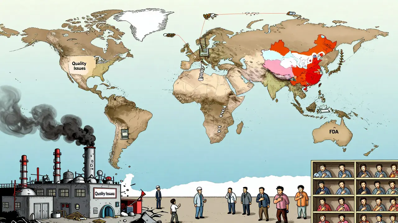 Global generic drug supply chain with factories in Asia sending pills to the U.S., one factory leaking quality issues and empty shelves in America.