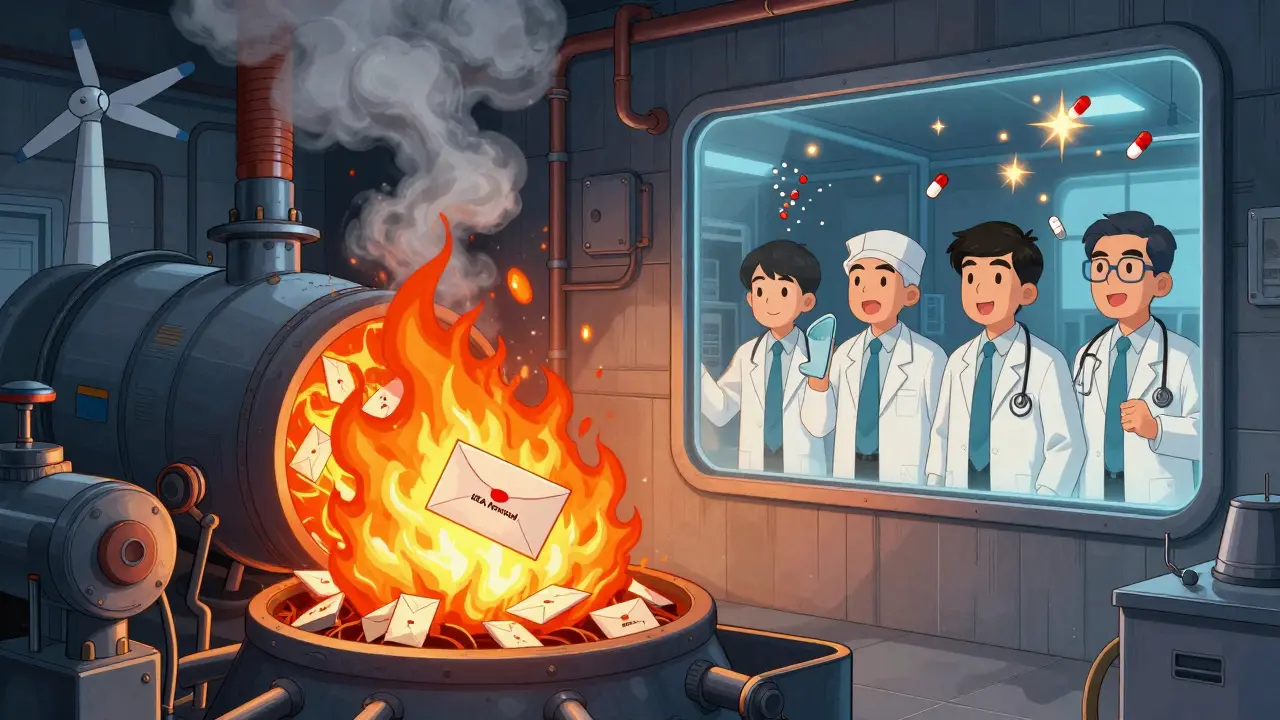 Incineration facility converting mailed medications into clean energy.