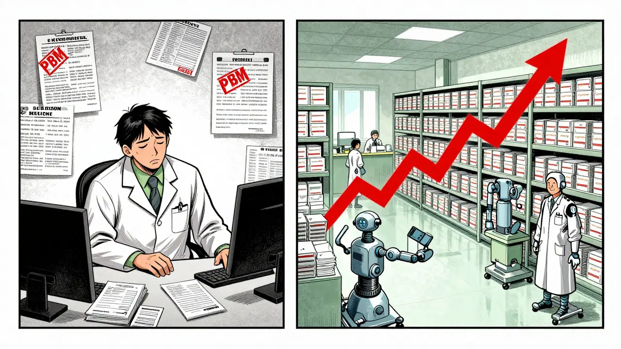 Independent pharmacist overwhelmed by bills versus a high-tech mail-order warehouse with soaring profit graph.