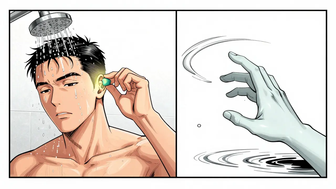 Man protecting his ear while showering, with ghostly water trying to enter in stylized ink illustration.
