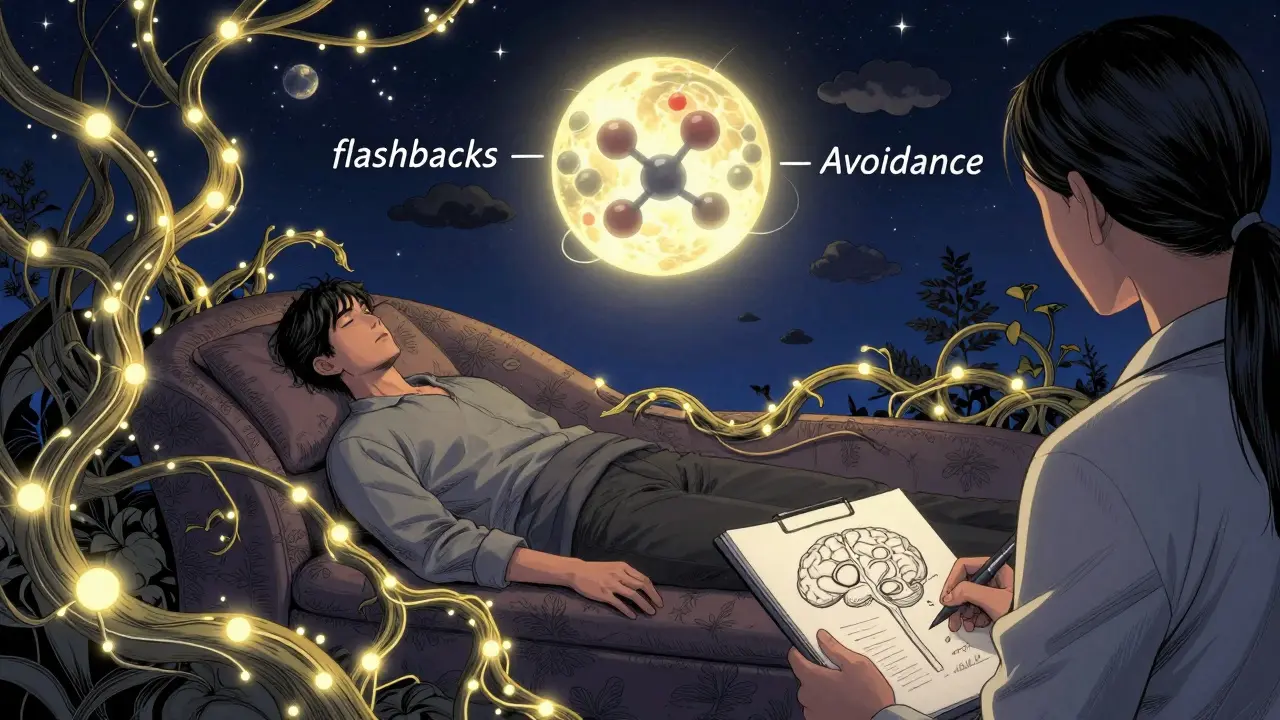 MDMA-assisted therapy under a starry sky, with healing vines dissolving trauma clouds.