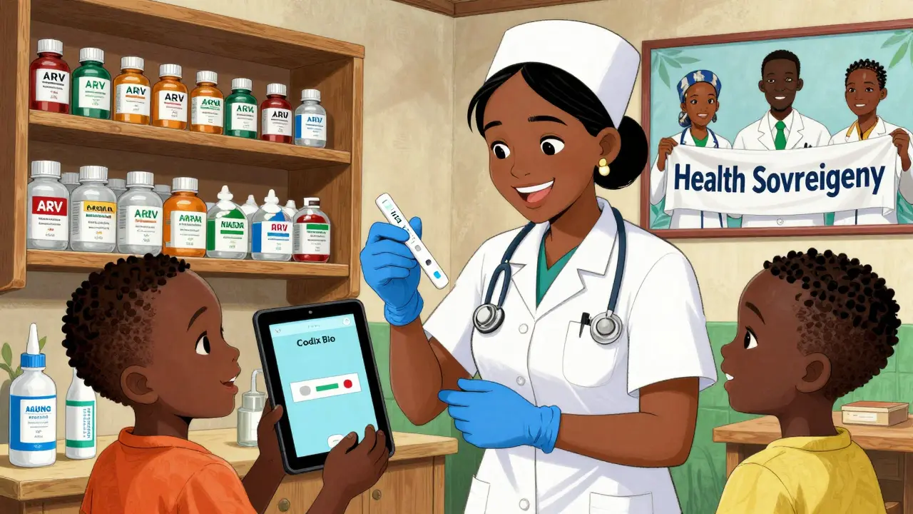 Nigerian nurse giving rapid HIV test at rural clinic with African-made supplies