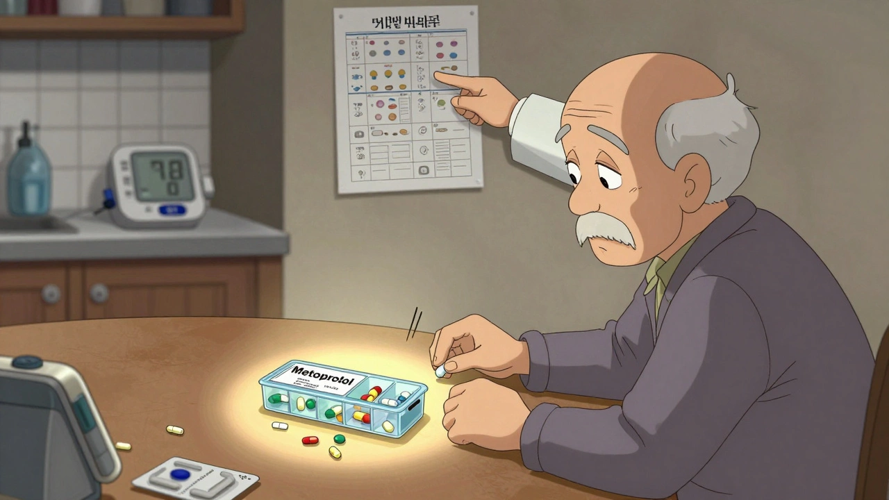 Older man confused by changing pill appearance at kitchen table with pharmacist guiding him.