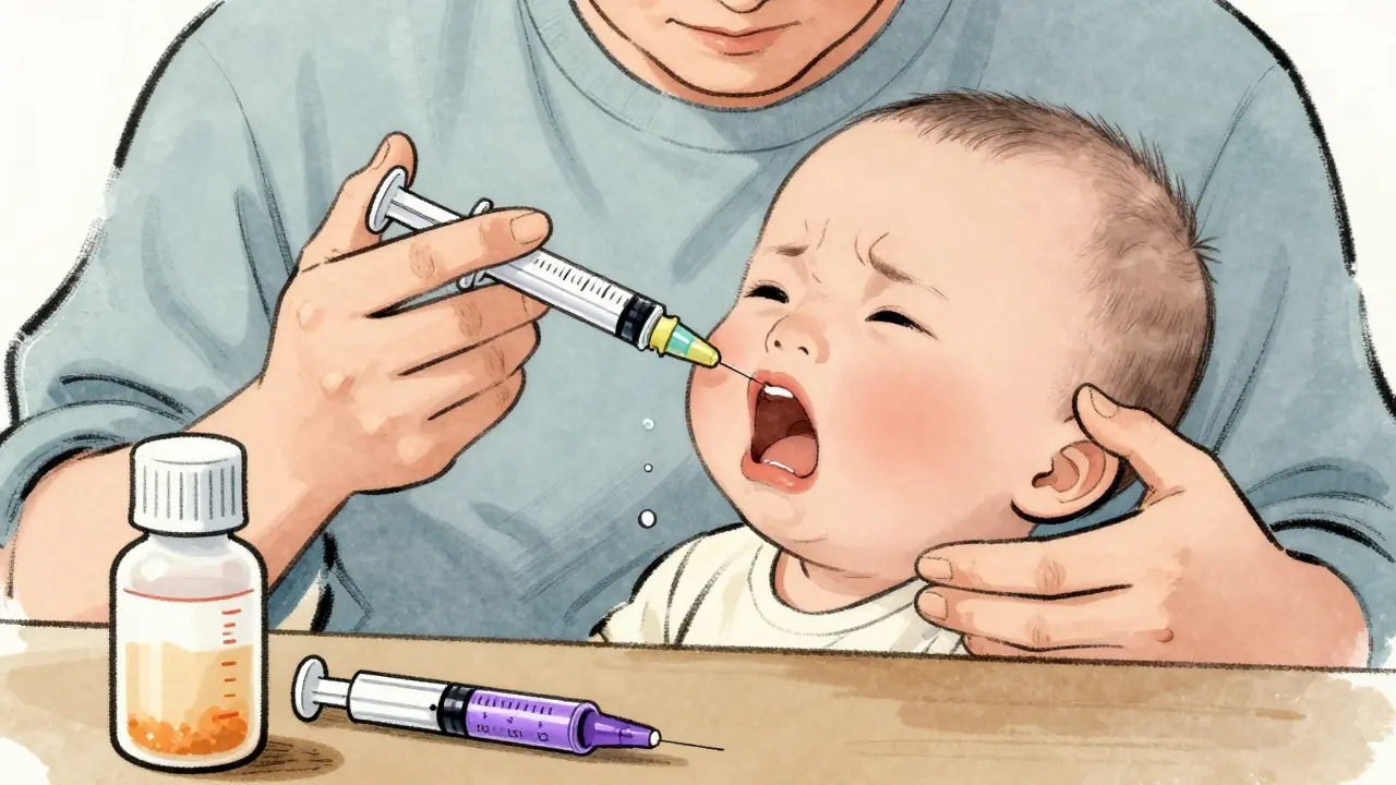 Parent gently giving medicine to infant via oral syringe placed in cheek, not throat.