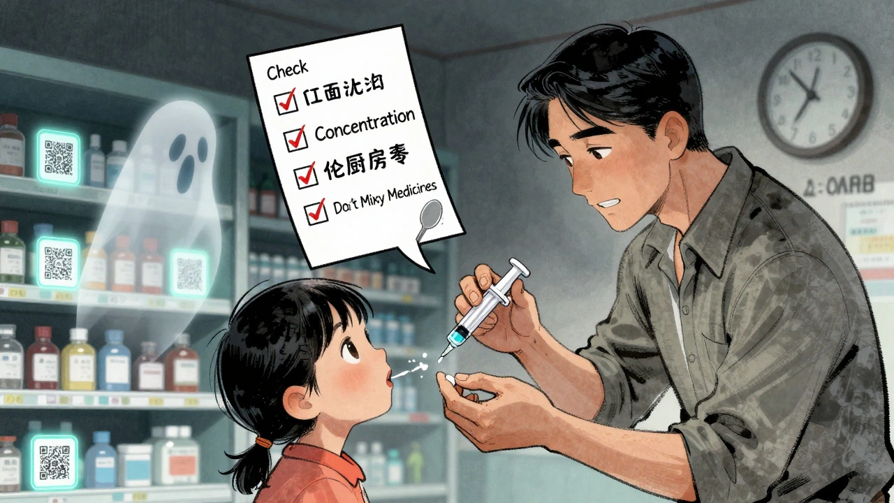 Parent using dosing syringe with safety checklist floating above, kitchen spoon fading away