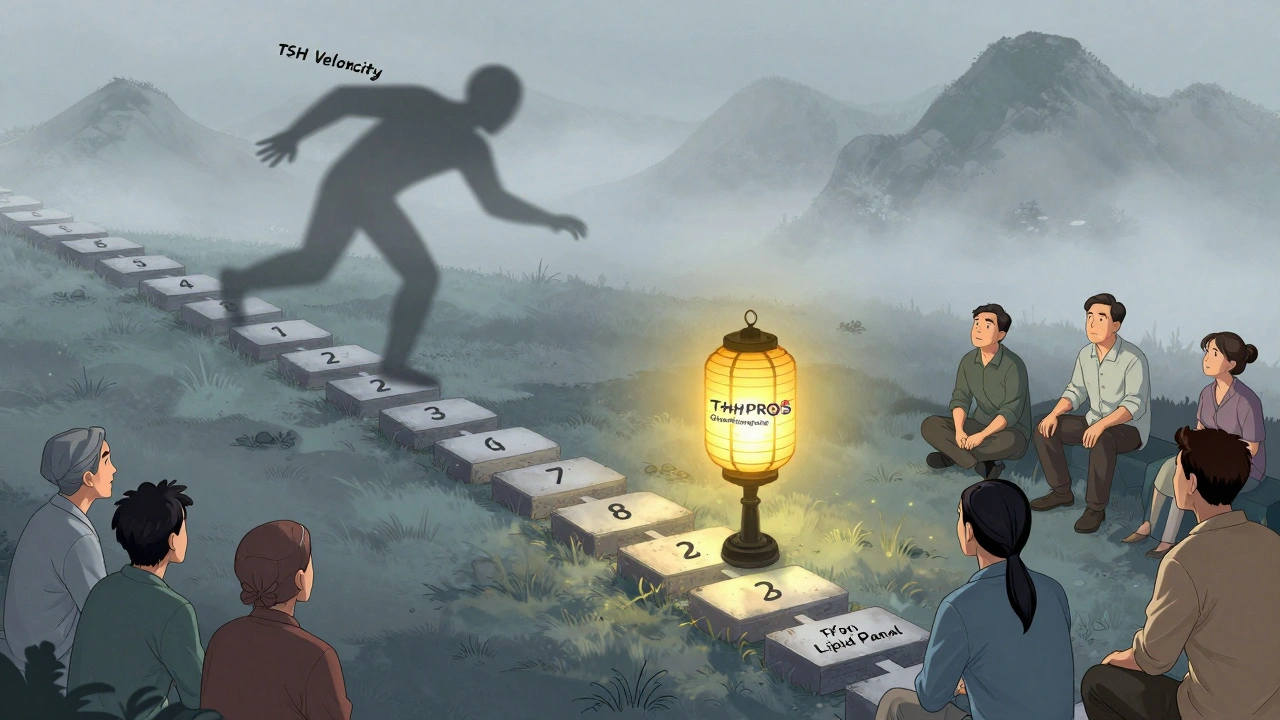 Path of rising TSH values with Hashimoto’s shadow and diagnostic lanterns guiding decision-making.