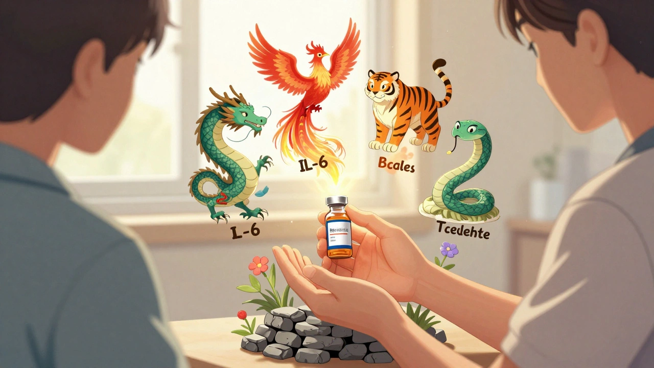 Patient holding biologic vial as four elemental spirits rise, symbolizing TNF, IL-6, B-cell, and T-cell therapies.