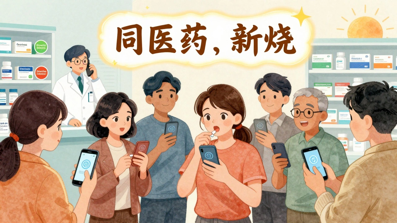 Patients use phones to verify pill intake while a pharmacist calls, with &#039;Seamless Switch&#039; branding visible.