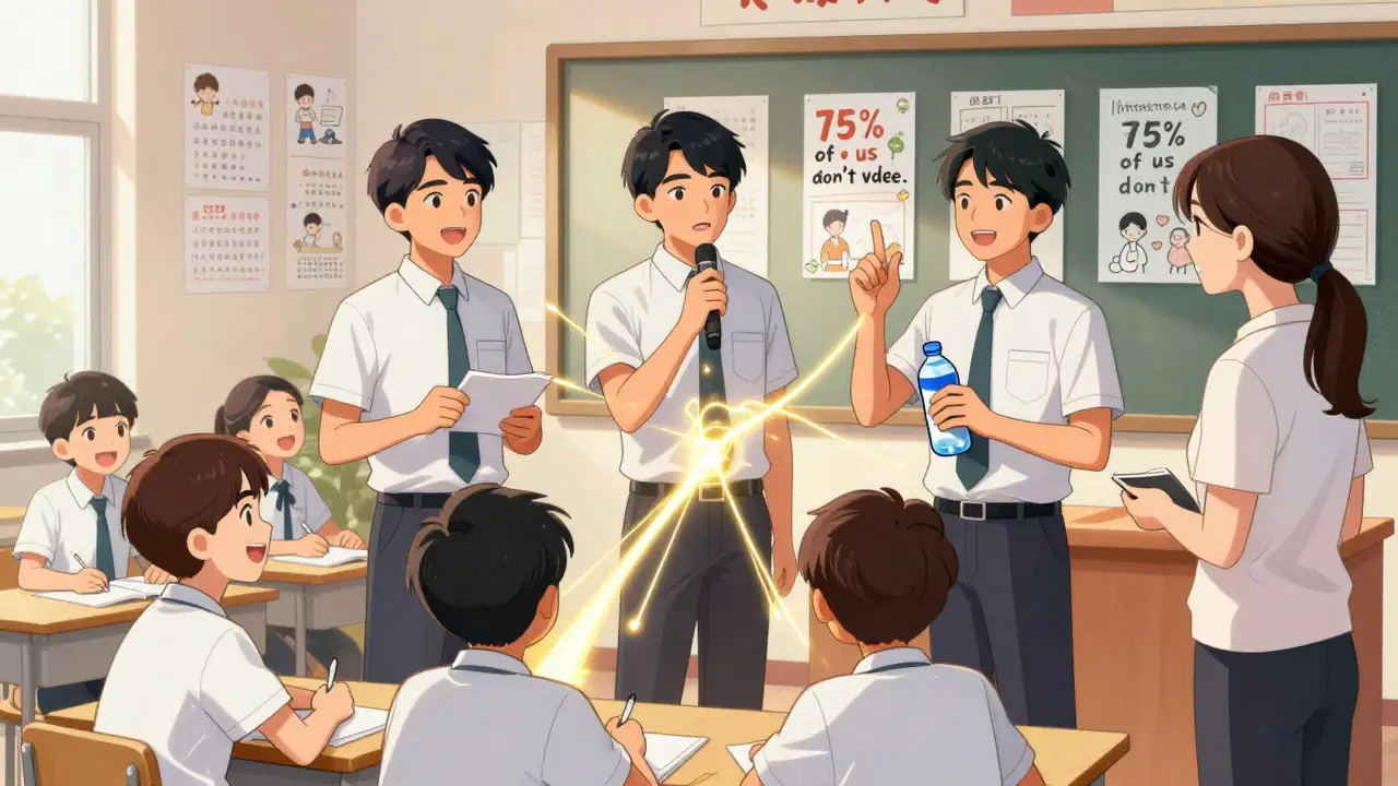 Peer leaders modeling healthy behaviors in a classroom, inspiring others with glowing connections between them.