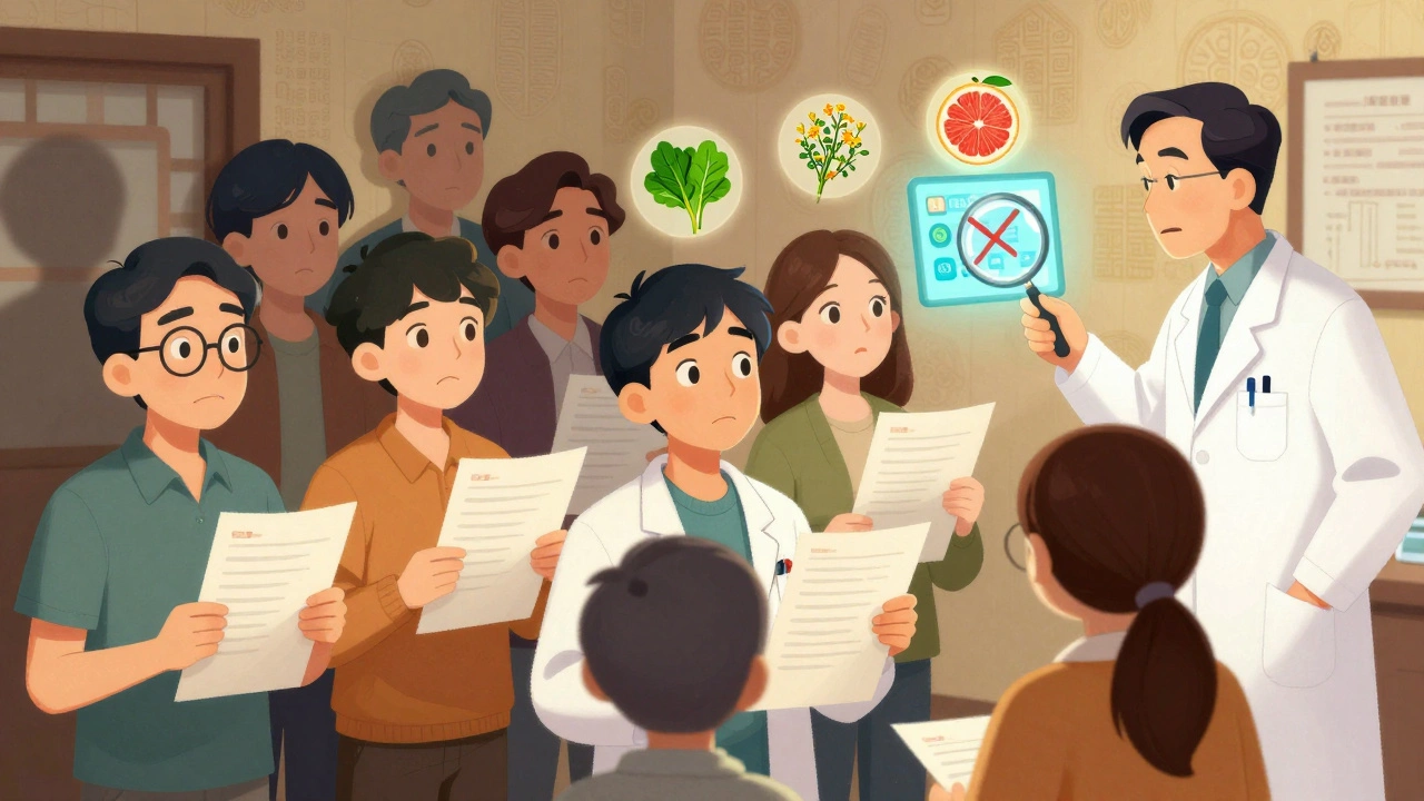 People in a doctor’s office with supplement lists, a pharmacist using a magnifying glass to check interactions.