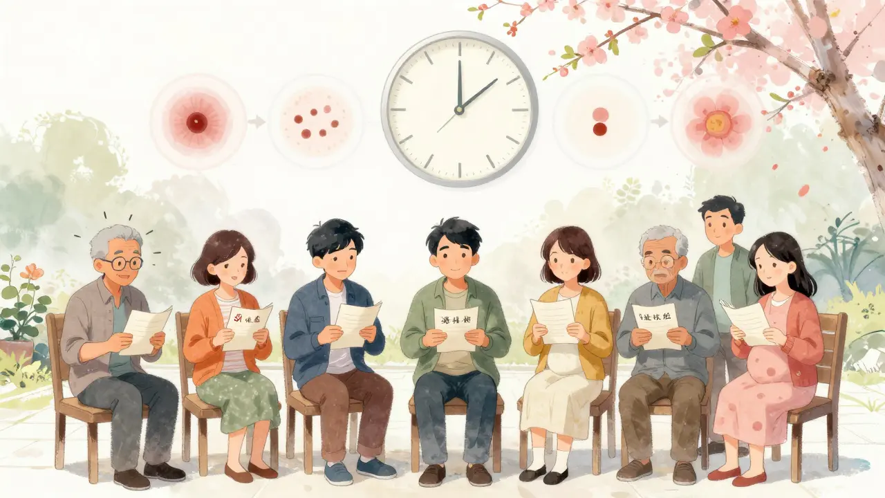 People keeping symptom diaries in a sunny courtyard, symbols of healing and time passing above them.