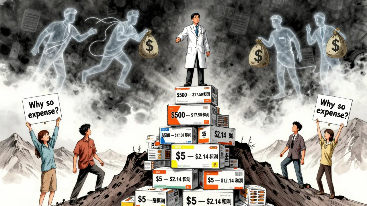 Pharmacist standing on a pile of generic drugs, towering over brand-name boxes, with PBM figures arguing in the sky.