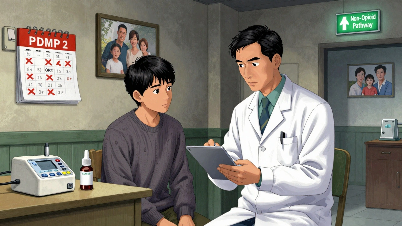 Rural doctor reviewing PDMP data with high-risk patient surrounded by non-opioid pain tools and a tapering calendar.