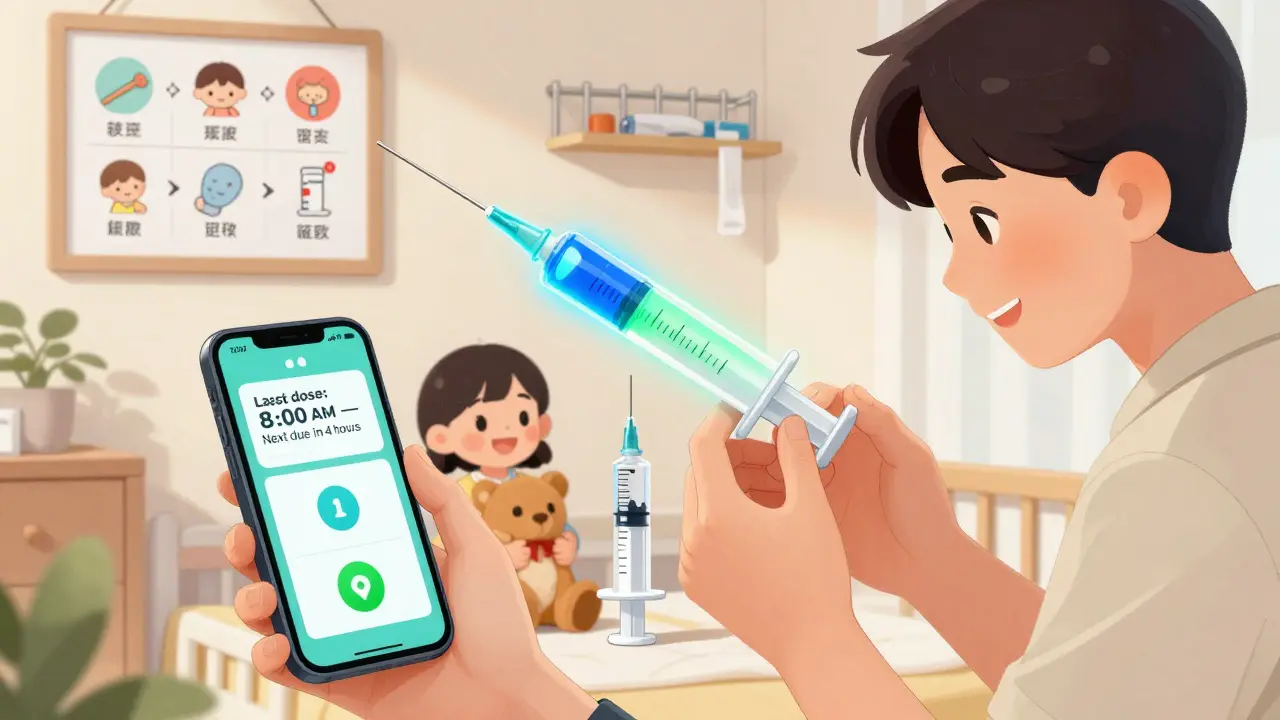 Smart syringe changes color as dose is drawn, with phone reminding next dose time.