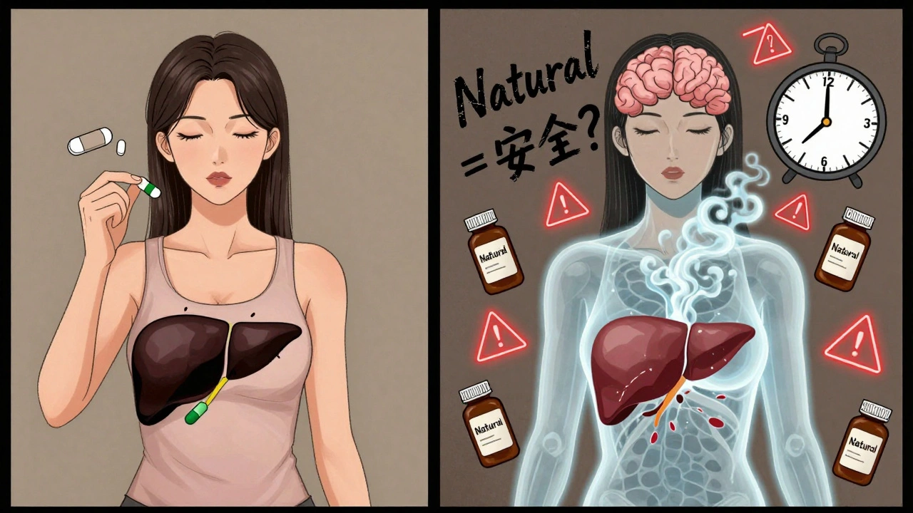 Split illustration showing daily pill use leading to a shattered liver and rising ammonia clouds, with herbal supplement bottles in background.