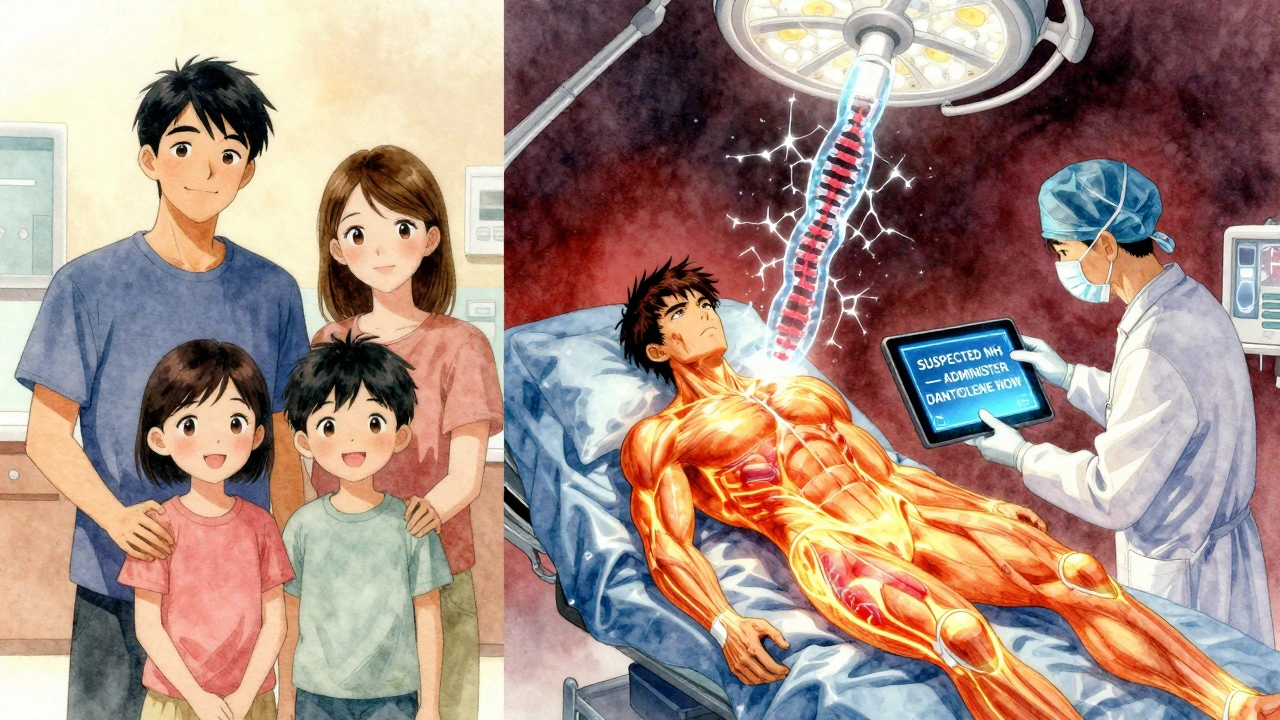 Split scene: a healthy teen before surgery contrasts with the same patient in crisis as an AI alerts staff to malignant hyperthermia.