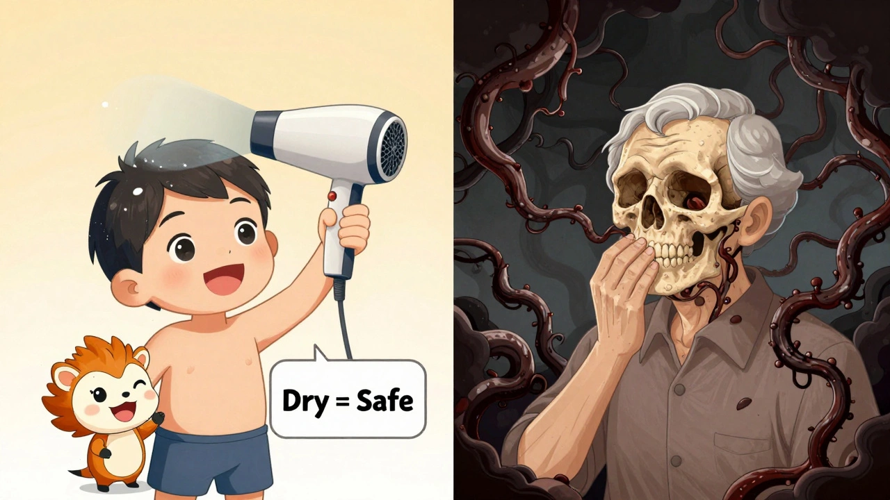 Split scene: child drying ears safely vs. elderly person with fungal infection spreading toward skull.