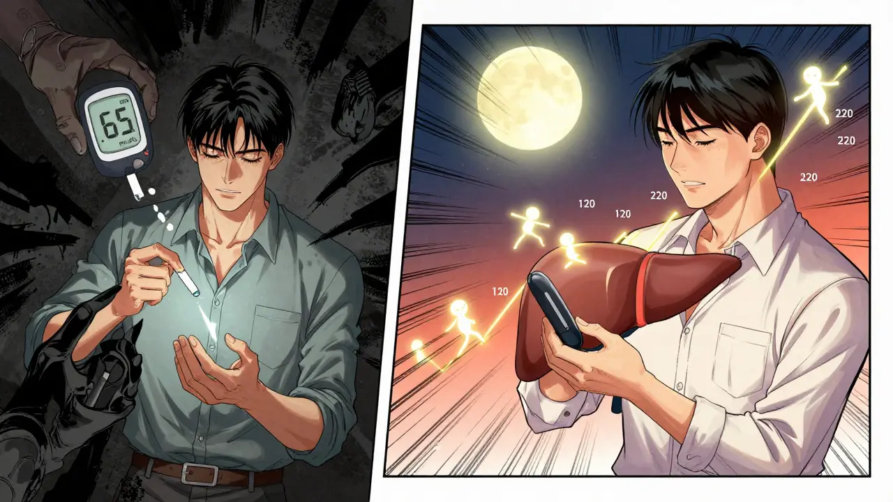 Split scene comparing low nighttime glucose (Somogyi) versus rising morning glucose (dawn phenomenon).