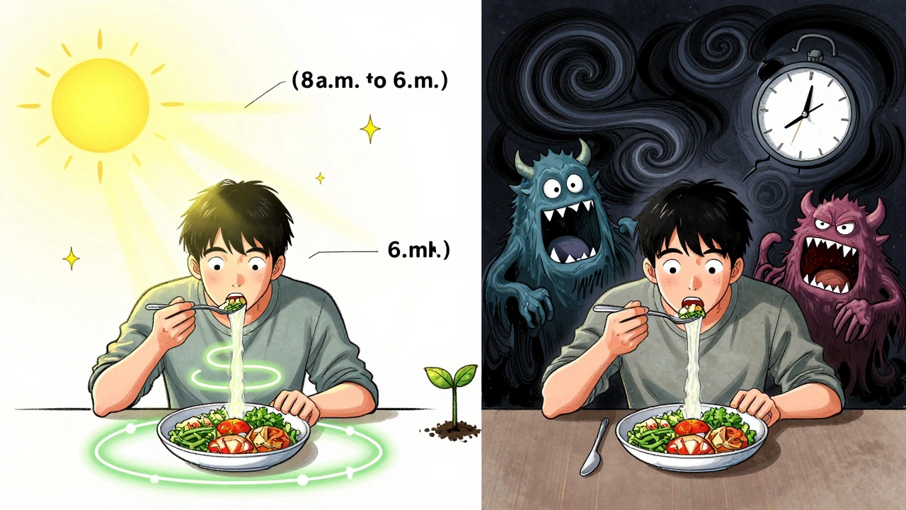 Split scene: healthy daytime eating with glowing metabolism vs. chaotic late-night eating with dark hunger monsters.