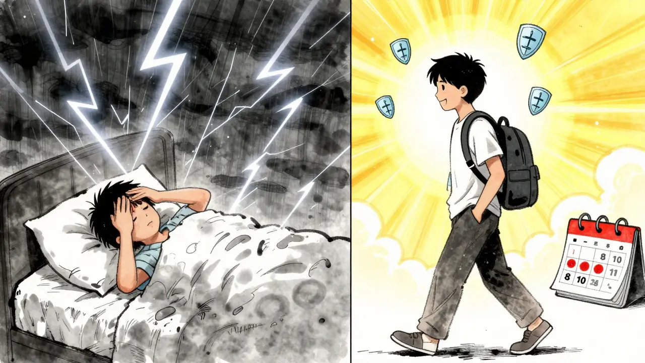 Split scene: left shows pain and chaos, right shows relief and sunlight as Botox shields protect the head.