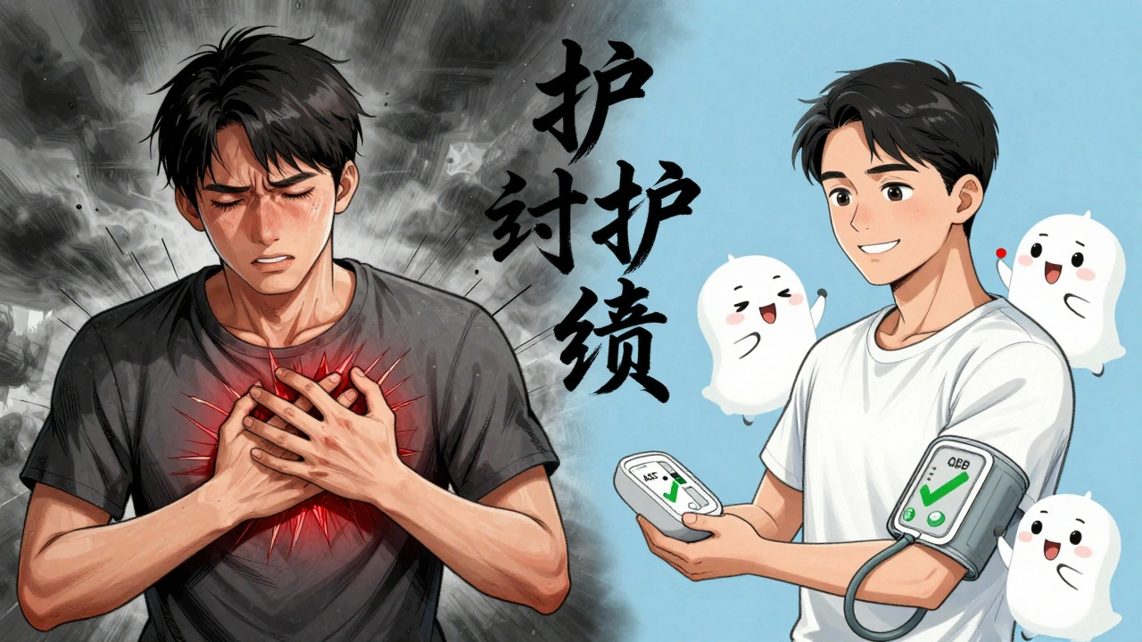 Split scene: one side shows heart attack danger, the other shows calm health with medication as protective spirits.