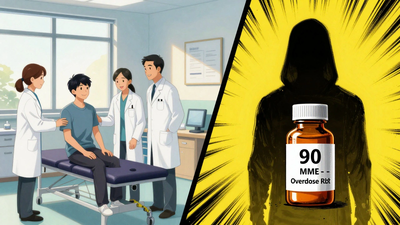 Split scene: patient receiving non-opioid treatments on one side, dangerous high-dose opioid use on the other.