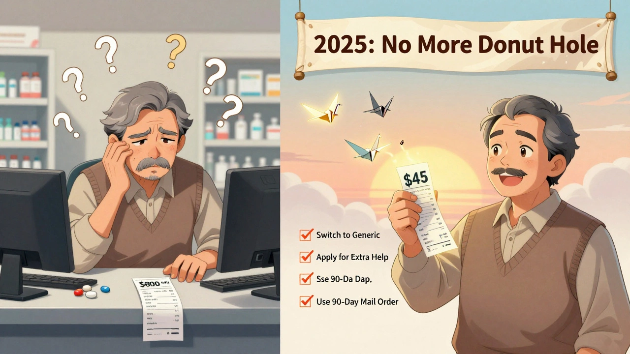 Split scene showing a senior’s medication costs dropping from 0 to  per month through smart financial choices.