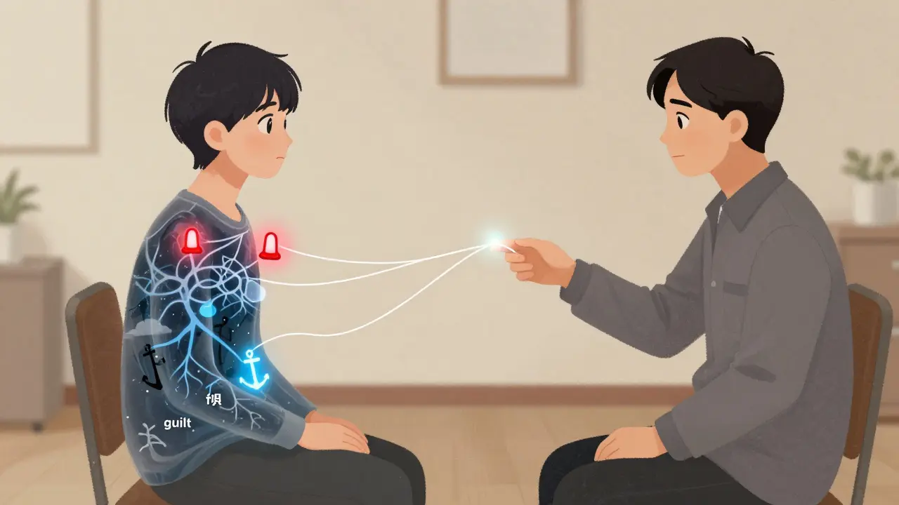 Therapy session with a patient’s inner neural storm being calmed by a glowing thread of cognitive processing.