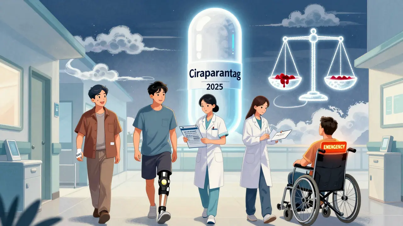 Three patients walk away after surgery, with a futuristic reversal drug glowing in the background.