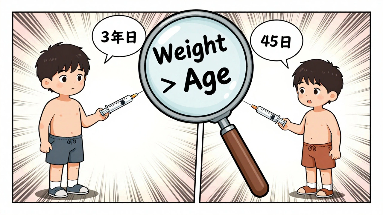 Two children of different weights receiving correct doses based on weight, not age