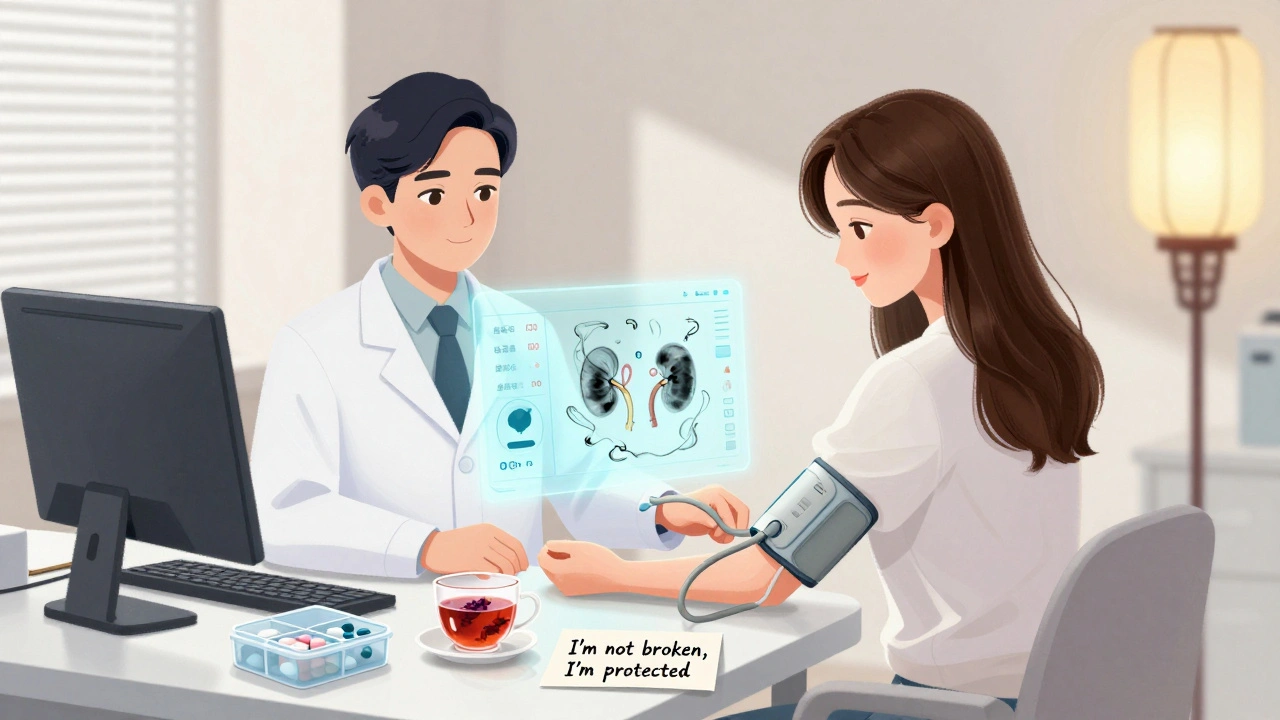 Woman using a smart blood pressure device with holographic health data in a modern clinic with traditional lanterns.