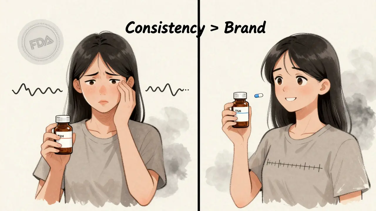Woman with thyroid medication, showing stable health after switching to consistent generic.