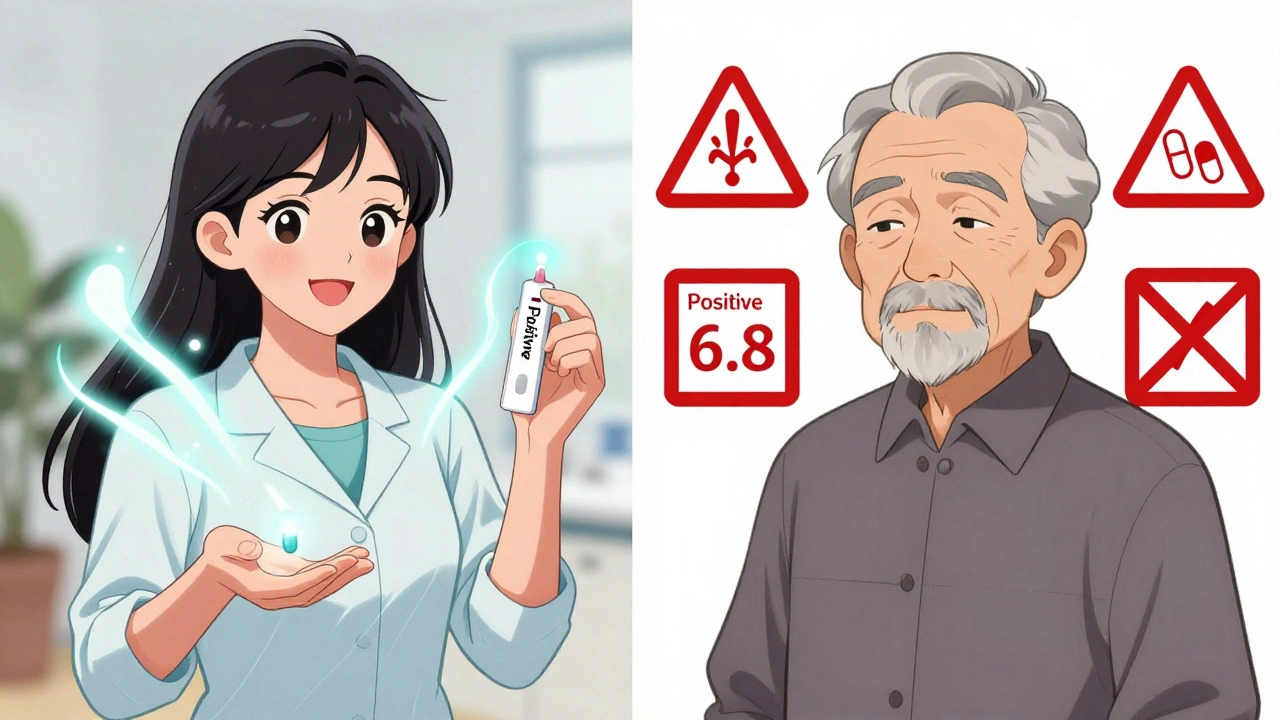 Young woman with positive antibodies smiling beside elderly man with warning signs, showing different treatment paths.