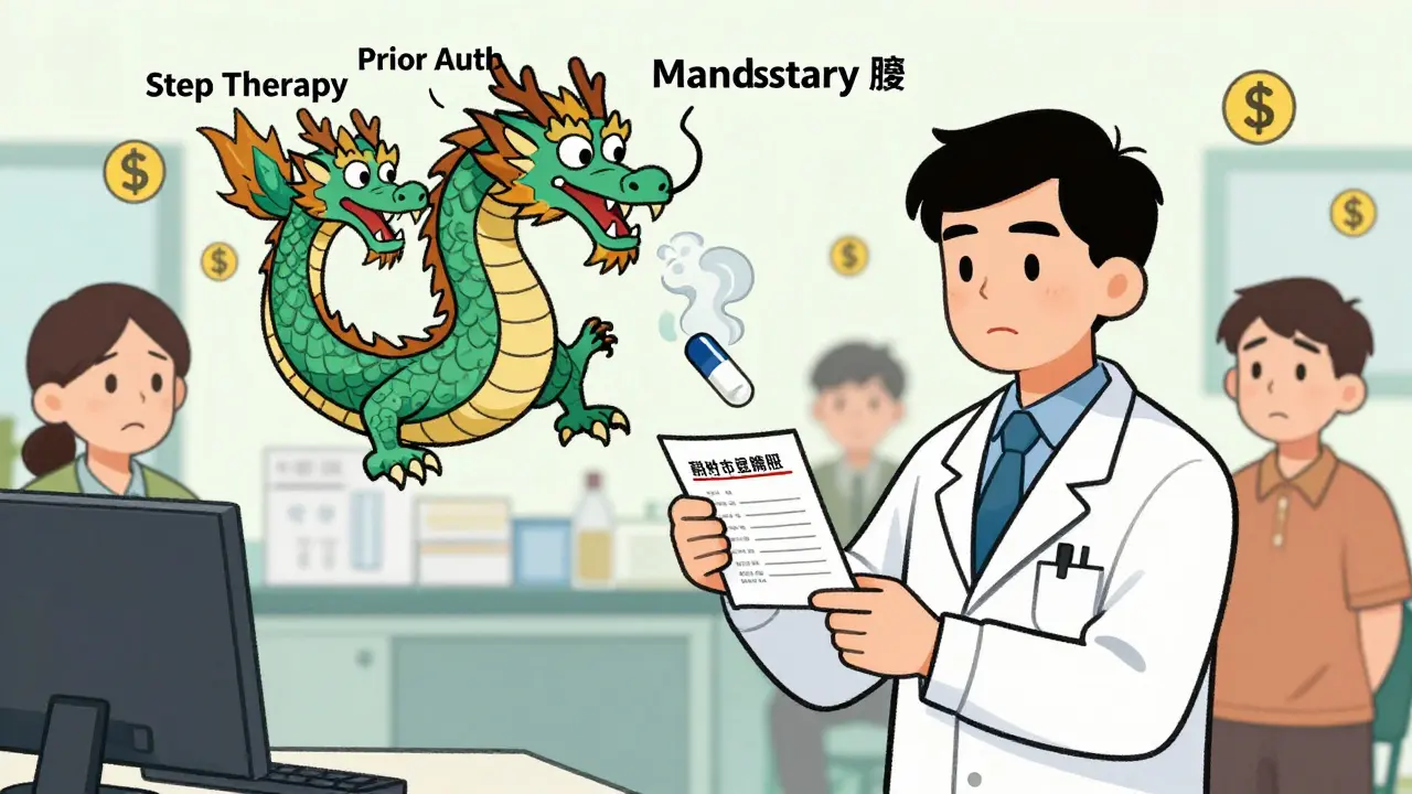 A doctor's brand prescription turns into a generic pill as bureaucratic dragon forces the switch in a clinic.