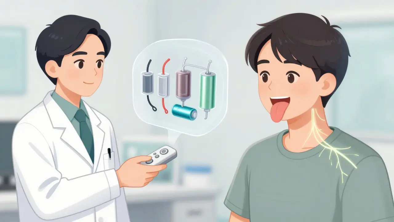 A doctor shows a patient a floating diagram of the Inspire device’s three implanted components.