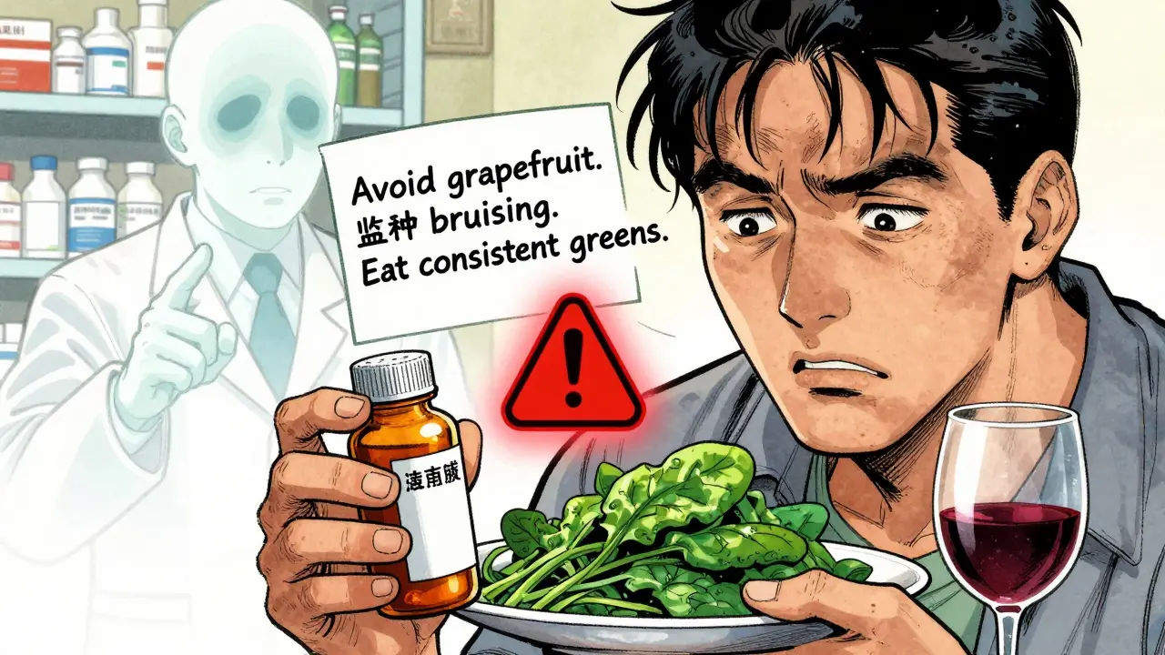 A man holds warfarin next to spinach and wine, with a ghostly pharmacist pointing to warning icons in a dramatic manhua style.