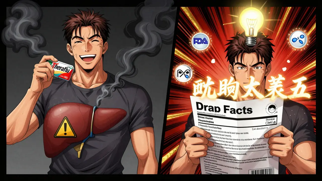 A man realizing he's overdosing on acetaminophen, with a glowing Drug Facts label revealing the danger.