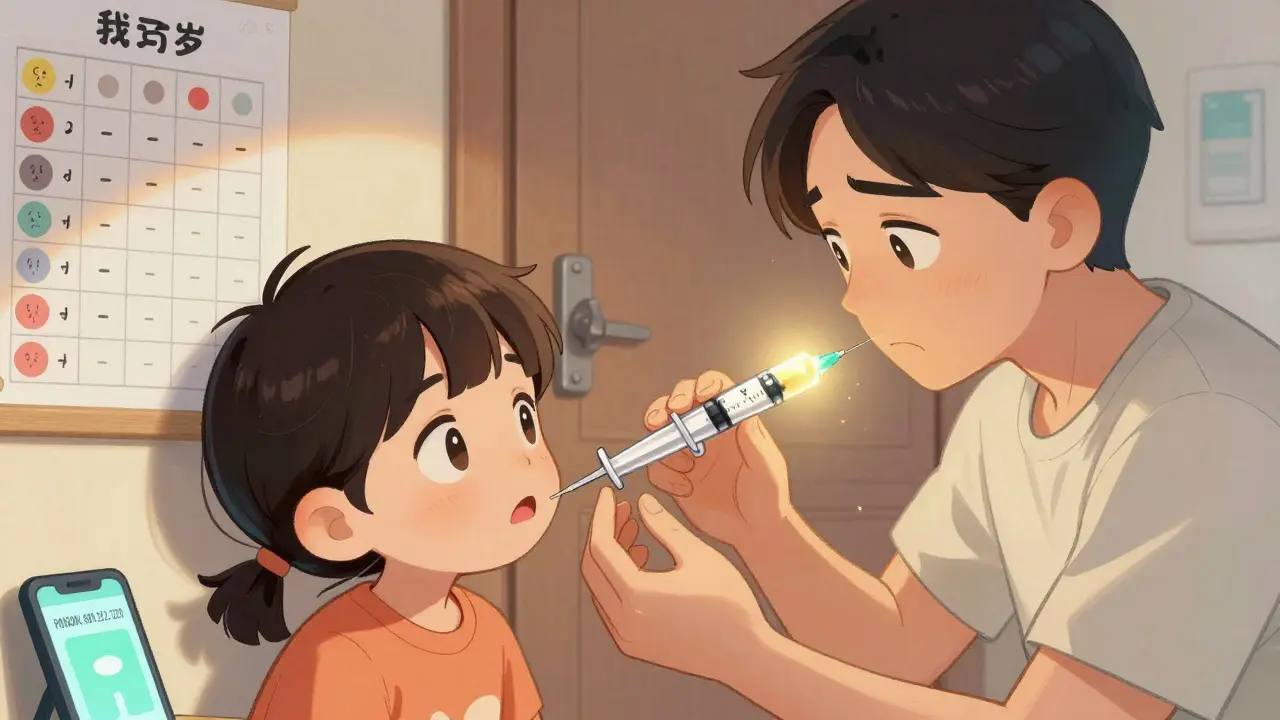 A parent accurately giving medicine to a child with an oral syringe, while medicine is stored safely in a locked cabinet.