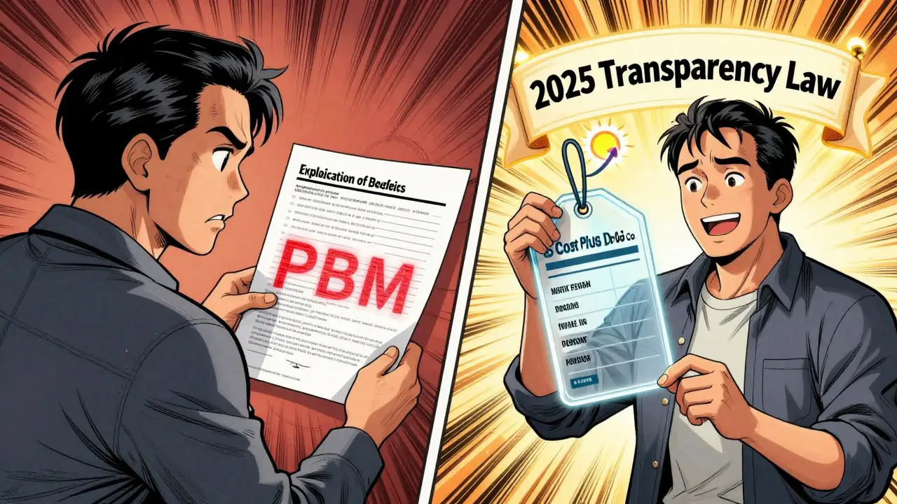 A patient compares hidden PBM costs with transparent drug pricing under a 2025 transparency law banner.