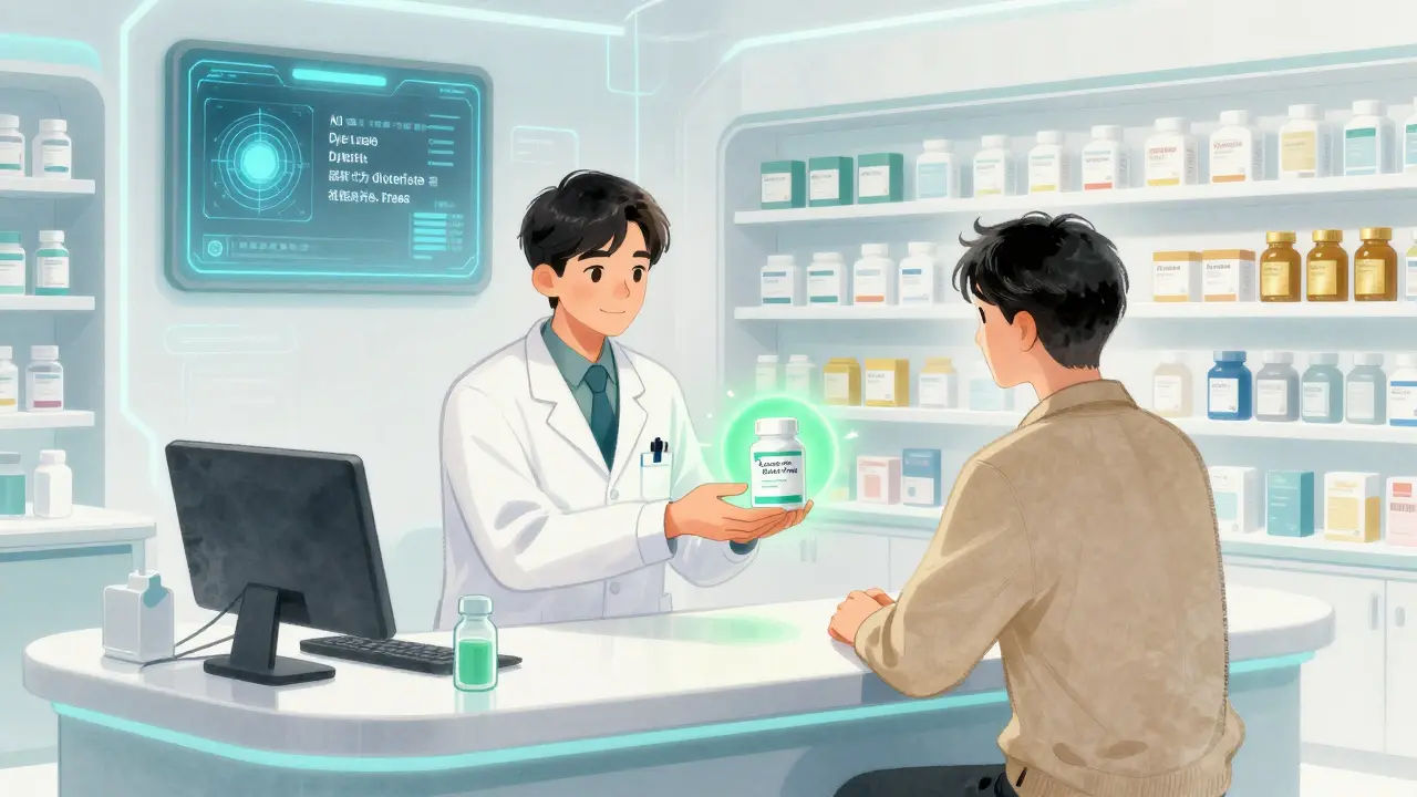 A patient receives a special allergy-friendly pill at a modern pharmacy, with AI data screen in background showing genetic tolerance analysis.