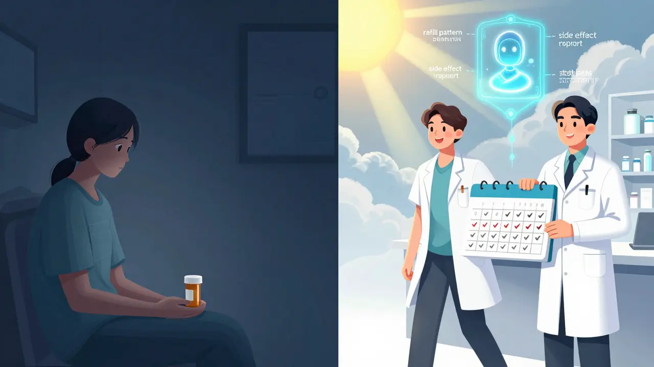 A patient transitions from isolation to partnership with a pharmacist, supported by an AI symbol watching over their health journey.