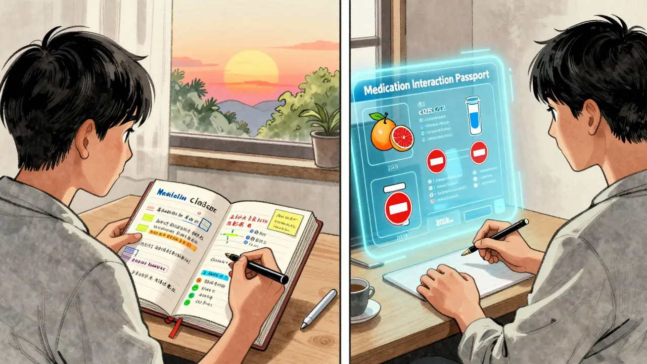 A patient updates a medication journal while a holographic interaction passport glows beside them, symbolizing future safety tools.
