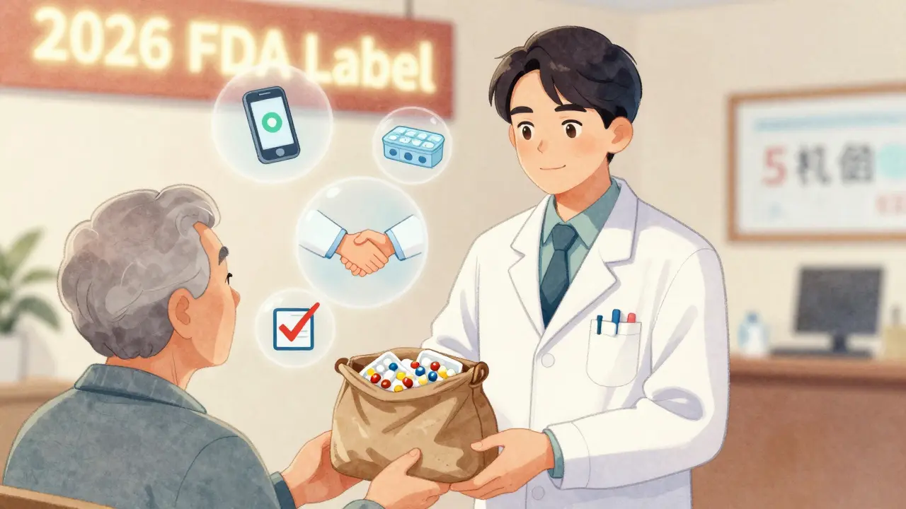 A pharmacist and patient reviewing medications with safety icons floating above, symbolizing medication safety practices.