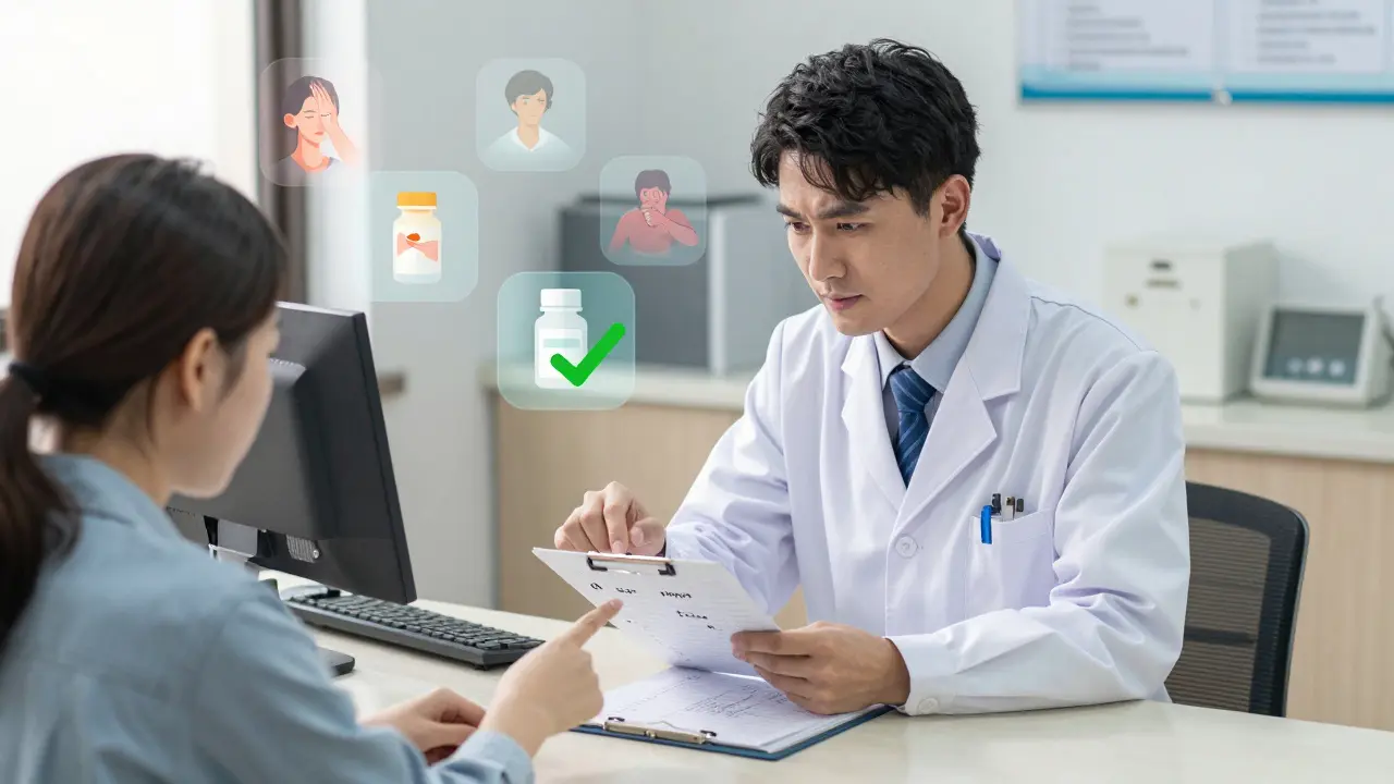 A pharmacist listens as a patient shares side effect symptoms using a handwritten log at a clinic counter.
