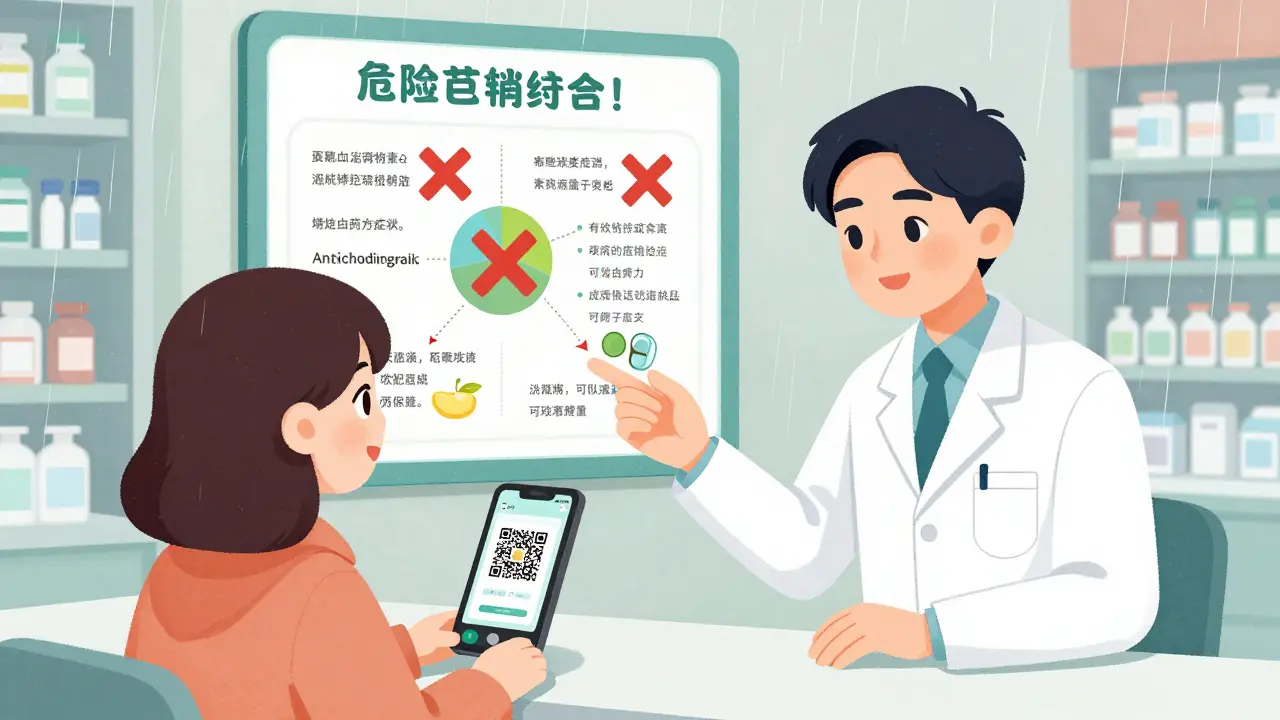 A pharmacist teaches a caregiver about dangerous drug interactions using an illustrated chart in a community pharmacy.